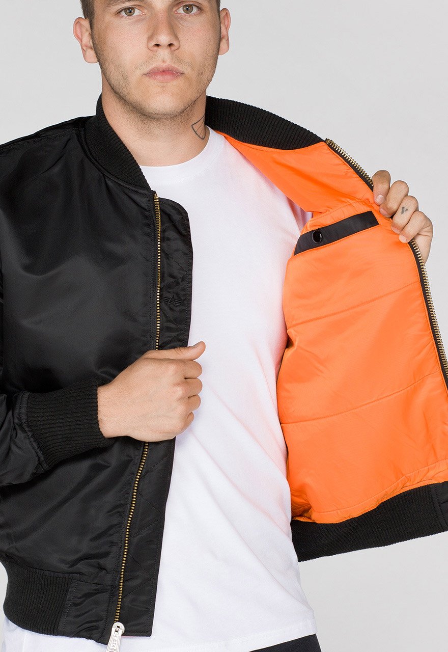 Mens black bomber shop jacket with orange lining